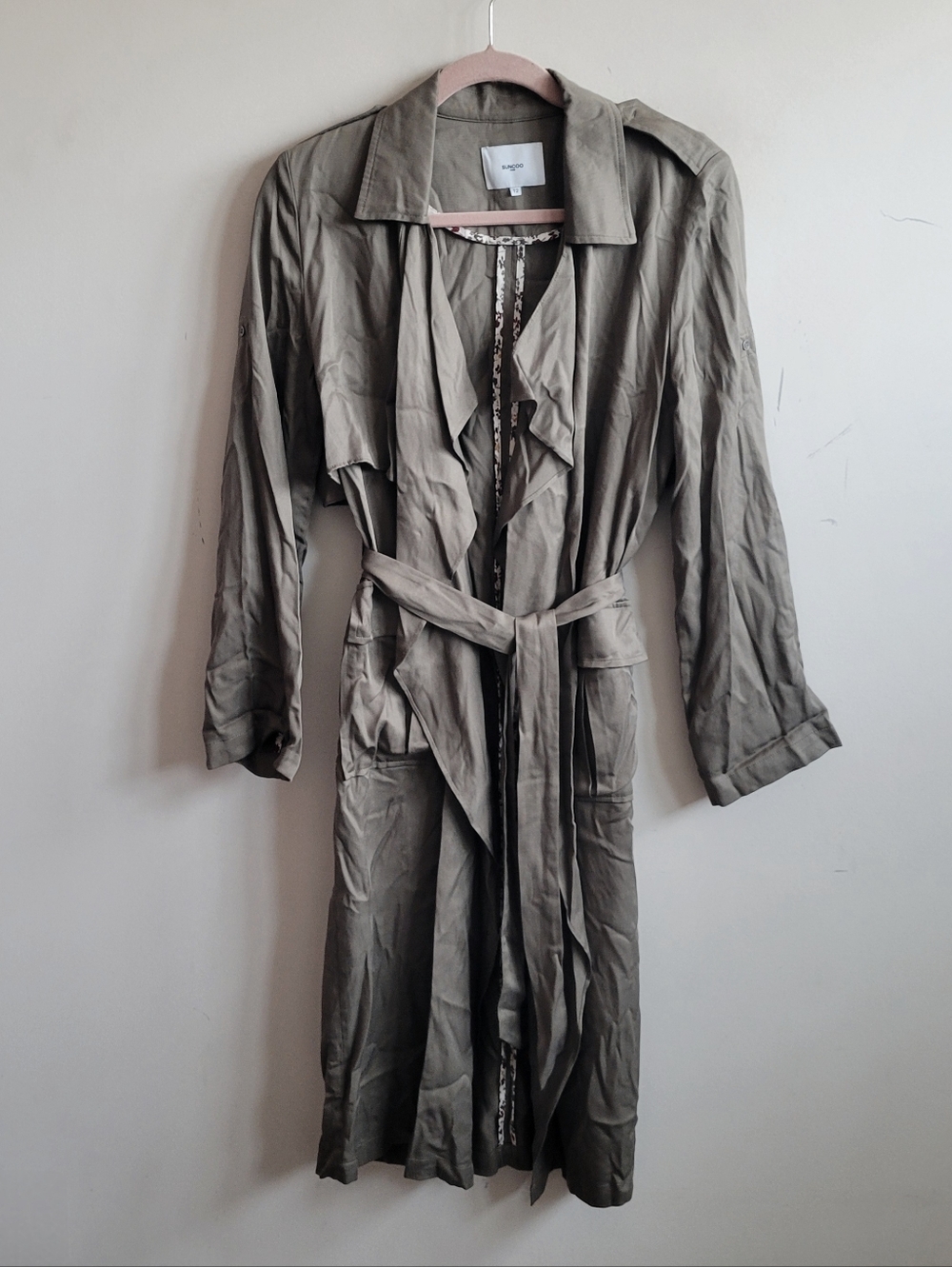 Suncoo Paris Manteau Eli Open Front Tie Waist Drape Trench Coat Olive Green